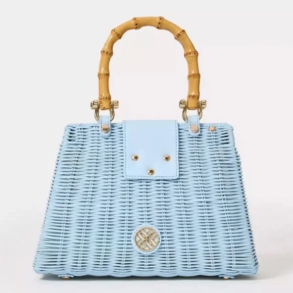 💙 LILLY PULITZER 💙 NWT Leena Top Handle Wicker Bag Bluette with Bamboo Handle - Picture 3 of 9